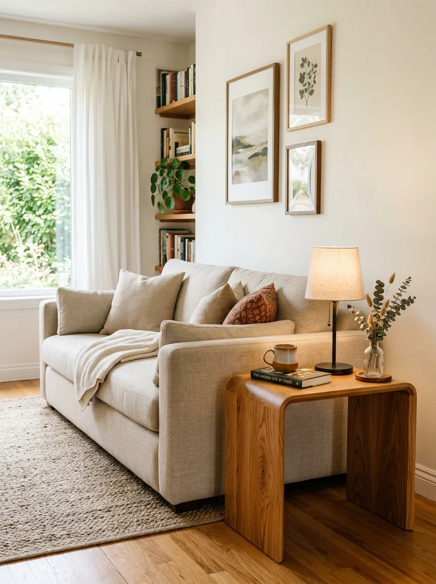 Real-life photography of a beige couch living room with a curved wooden side table placed beside a neatly made beige sofa, beautifully arranged with a small lamp and book, clean and organized styling, bright natural light, vibrant warm wood tones, authentic cozy home interior, stock photo style, no illustration, no 3D render.