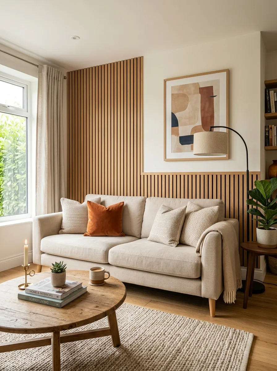 Real-life photography of a beige couch living room with vertical wood slat paneling installed behind a neatly made beige sofa, beautifully arranged and organized styling, clean wall finish, bright natural light highlighting the wood grain, vibrant warm tones, authentic cozy home interior, stock photo style, no illustration, no 3D render.