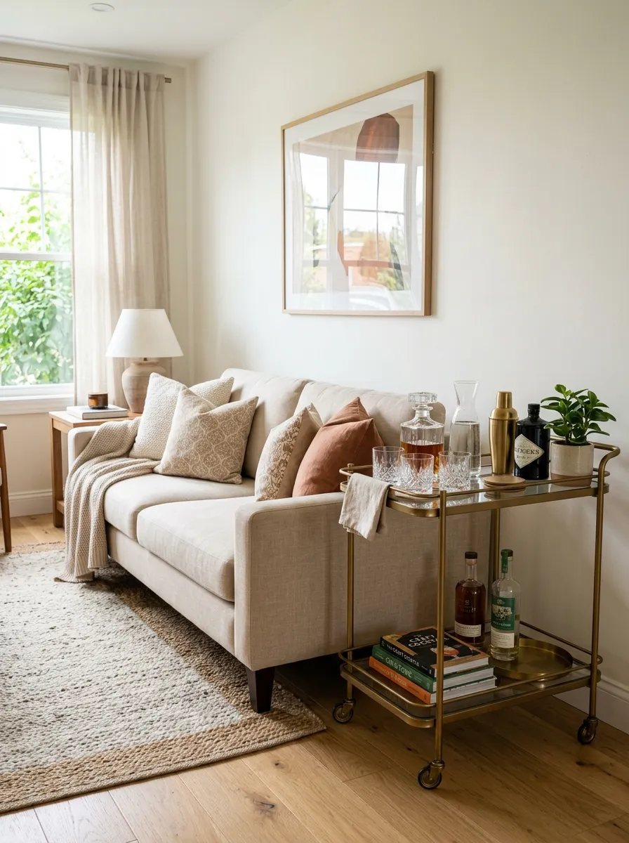 Real-life photography of a beige couch living room with a small brass bar cart styled with glasses and a carafe near a neatly made beige sofa, beautifully arranged and organized styling, clean setup, bright natural light, vibrant warm metallic accents, authentic cozy home interior, stock photo style, no illustration, no 3D render.