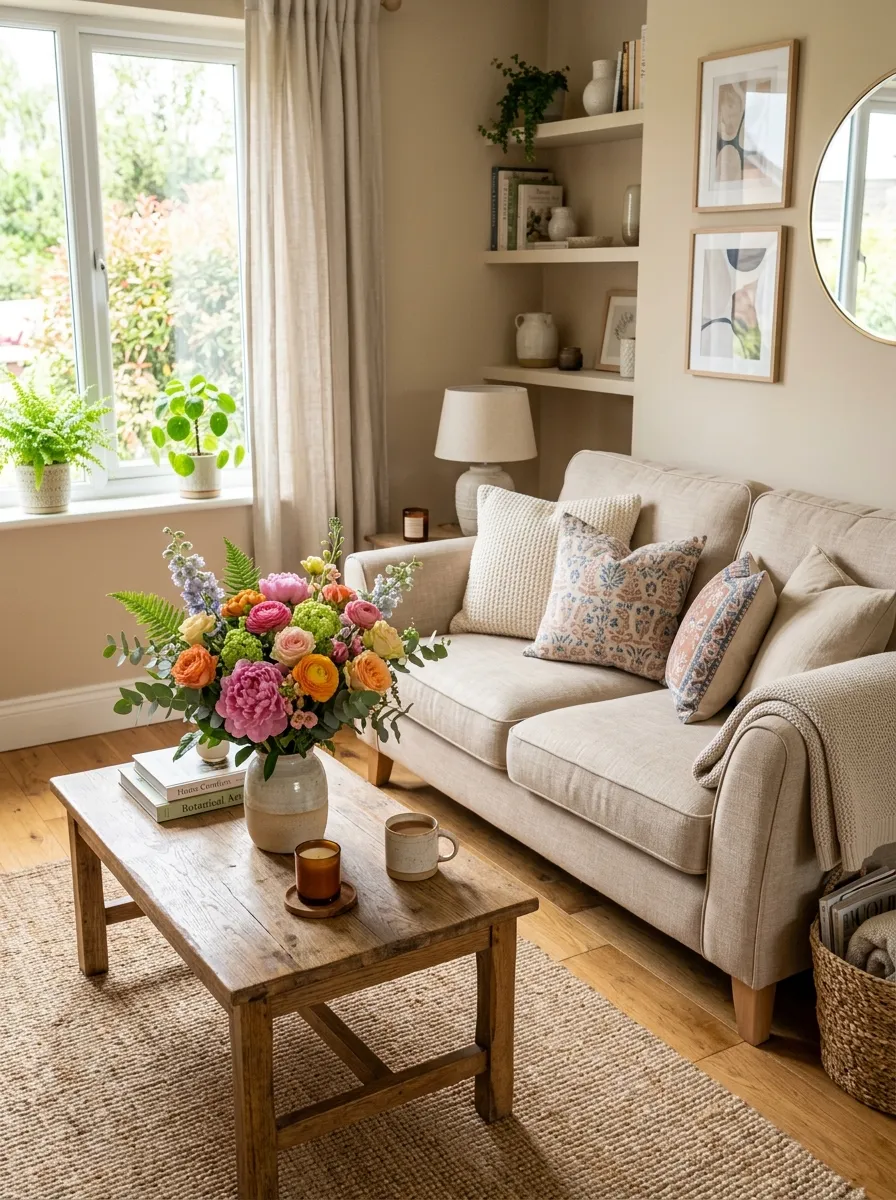 Real-life photography of a beige couch living room with a vase of fresh seasonal flowers on a coffee table near a neatly made beige sofa, beautifully arranged blooms, clean and organized styling, bright natural light, vibrant flower colors against warm beige tones, authentic cozy home interior, stock photo style, no illustration, no 3D render.