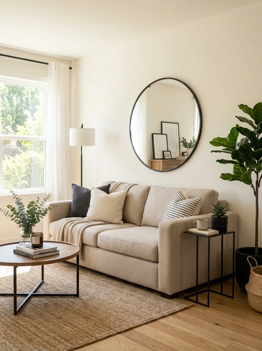 Real-life photography of a beige couch living room with black metal accents, slim black floor lamp, black-framed round mirror, thin black metal side table, neatly made beige sofa, beautifully arranged and clean styling, organized decor, bright natural light, vibrant contrast between black and warm beige tones, authentic cozy interior, stock photo style, no illustration, no 3D render.