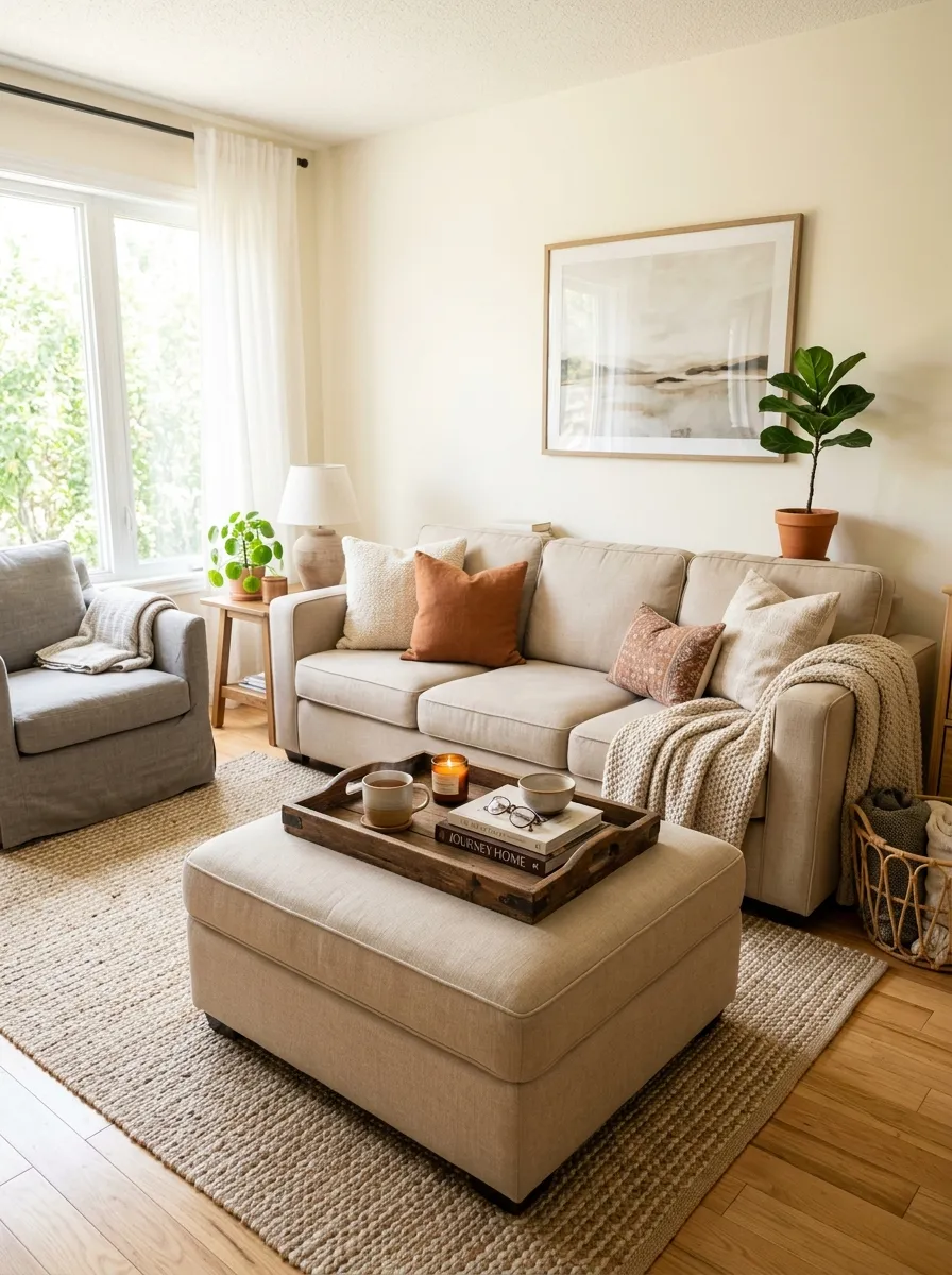 Real-life photography of a beige couch living room with a large cushioned ottoman topped with a wooden tray in front of a neatly made beige sofa, beautifully arranged and organized styling, clean setup, bright natural light, vibrant warm tones, authentic cozy home interior, stock photo style, no illustration, no 3D render.