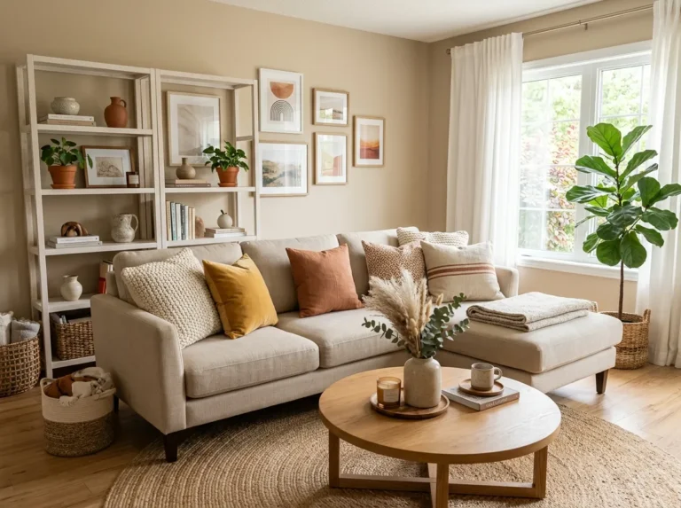 Real-life photography of a bright, cozy beige couch living room, neatly made beige sofa layered with textured throw pillows, jute rug, round wooden coffee table, open shelf with curated decor in the background, beautifully arranged and organized styling, clean and uncluttered space, bright natural light streaming through large windows, vibrant warm color accents, authentic Pinterest-ready home interior, high-resolution stock photography style, no illustration, no 3D render.