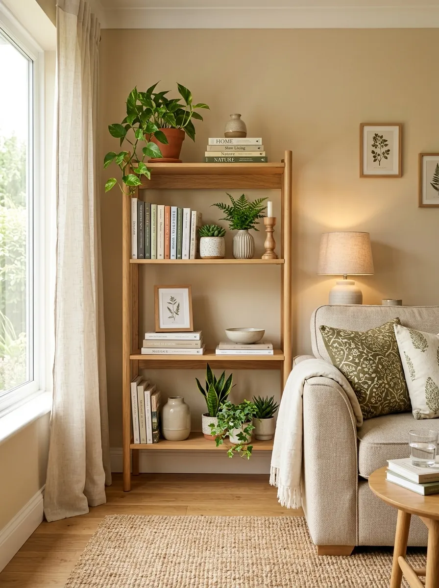 Real-life photography of a beige couch living room corner styled with an open wooden bookshelf, neatly arranged books, ceramic vases, and small green plants grouped in threes, beautifully organized shelf styling, clean and uncluttered, bright natural light, vibrant green plant accents against warm beige tones, authentic cozy home interior, stock photo style, no illustration, no 3D render.