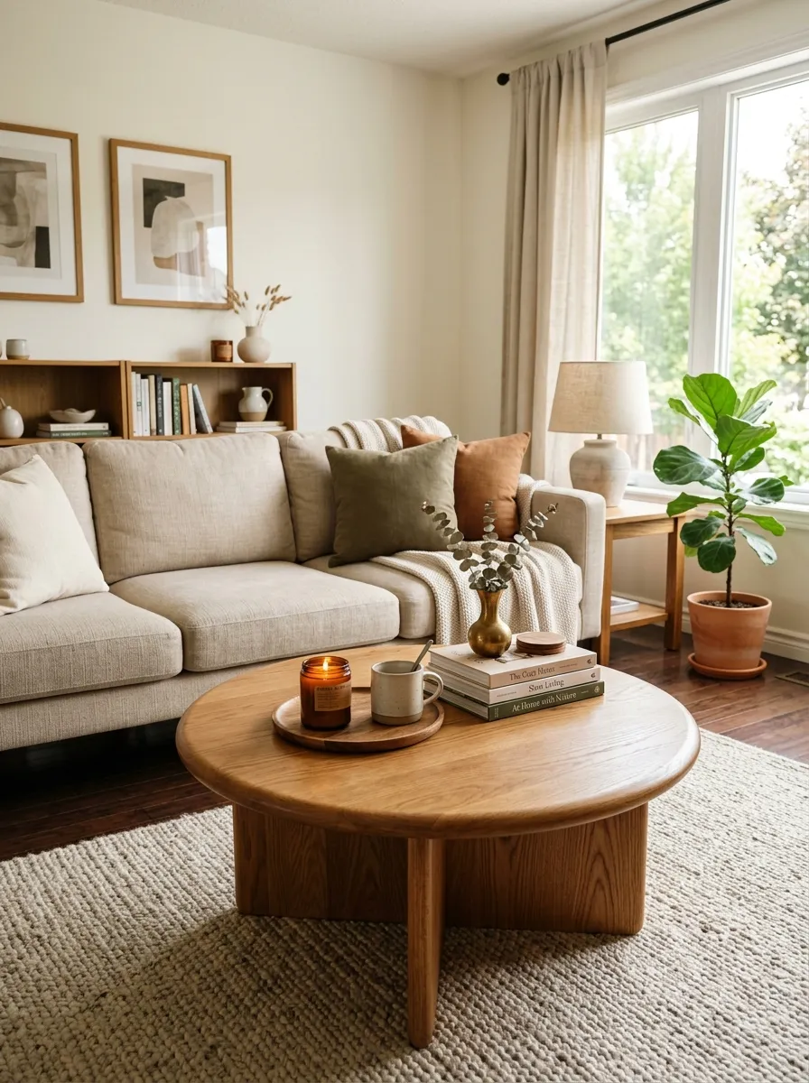 Real-life photography of a beige couch living room with a round wooden coffee table with rounded edges placed in front of a neatly made beige sofa, beautifully arranged with a small tray, candle, and stack of books, clean and organized styling, bright natural light, vibrant warm wood tones, authentic cozy home interior, stock photo style, no illustration, no 3D render.