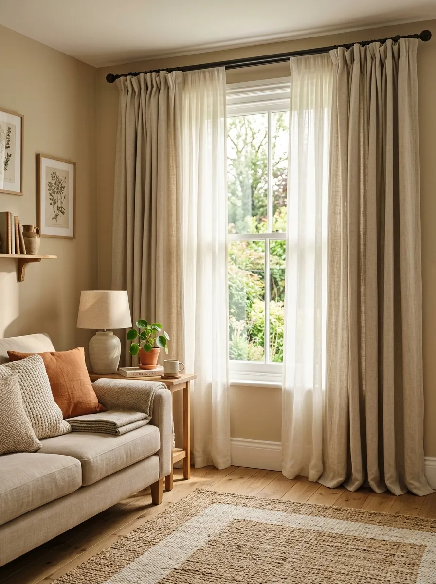 Real-life photography of a beige couch living room with layered sheer and linen curtains framing a large window, neatly made beige sofa nearby, beautifully arranged folds of fabric, clean and organized styling, bright natural light diffusing softly through the sheer layer, vibrant warm tones, authentic cozy home interior, stock photo style, no illustration, no 3D render.