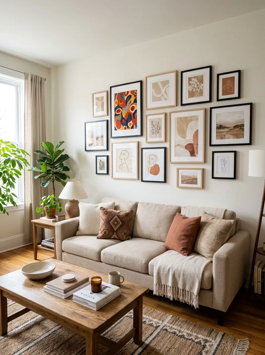Real-life photography of a beige couch living room with a gallery wall of mixed black and wood frames hung above a neatly made beige sofa, beautifully arranged artwork in warm neutral tones, clean and organized wall styling, bright natural light, vibrant accent print among softer pieces, authentic cozy home interior, stock photo style, no illustration, no 3D render.