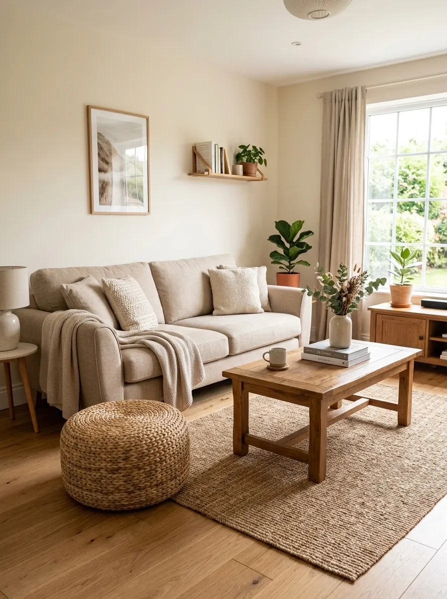 Real-life photography of a beige couch living room with a woven rattan pouf placed near a neatly made beige sofa and a wooden coffee table, beautifully arranged and organized styling, clean uncluttered floor space, bright natural light, vibrant natural fiber texture, authentic cozy home interior, stock photo style, no illustration, no 3D render.