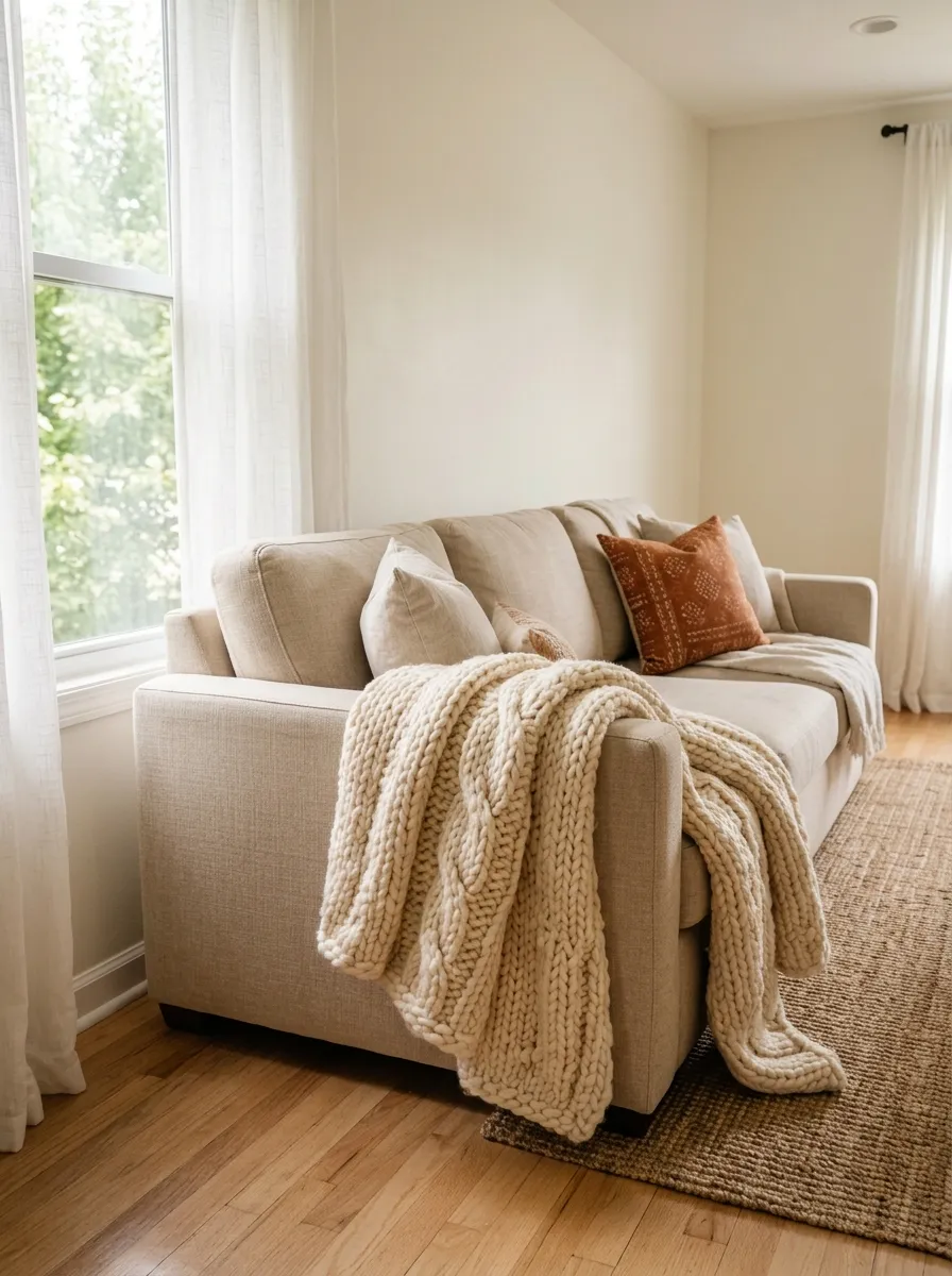 Real-life photography of a beige couch living room with a chunky cream knit throw blanket draped loosely over the arm of a neatly made beige sofa, beautifully arranged folds, clean and organized styling, bright natural light highlighting the knit texture, vibrant warm tones, authentic cozy home interior, stock photo style, no illustration, no 3D render.