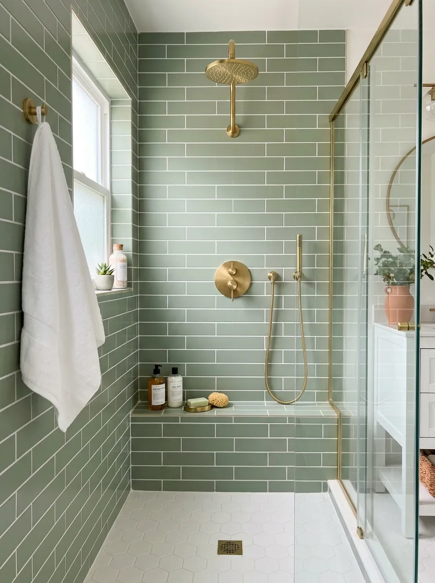 Prompt: A real-life bathroom shower with sage green subway tile walls in a classic running bond pattern, white grout, brass shower fixtures, neatly made with a clean folded white towel on a hook, bright natural light streaming through a small window, organized and beautifully arranged, vibrant colors, photographed like a stock photo, no people.
