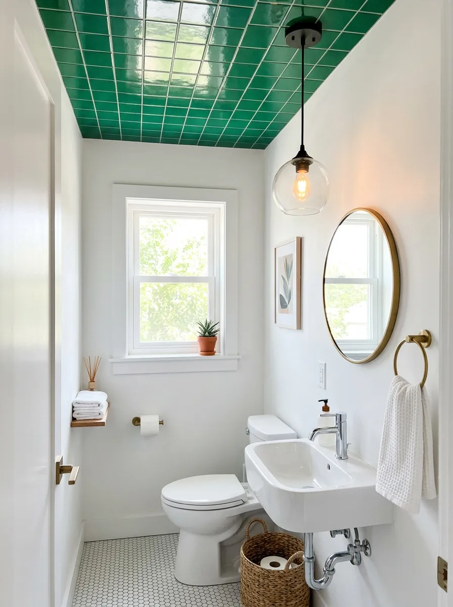 Prompt: A real-life small powder room with a green tiled ceiling, white walls, simple pendant light fixture, small white sink, clean and organized, beautifully arranged, bright natural light, vibrant green ceiling tone, stock photography style, no people.