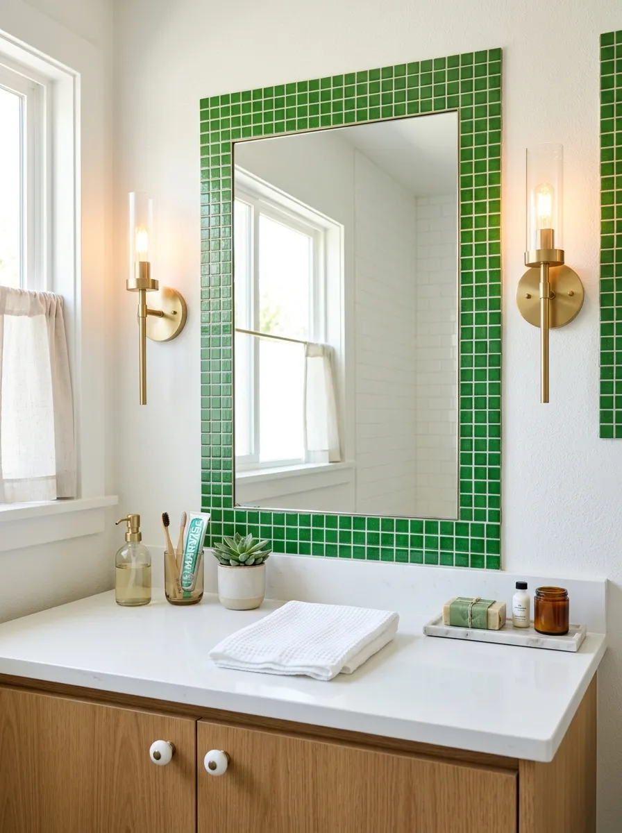 Prompt: A real-life bathroom mirror framed with small green square tiles, sconce lighting on each side, neatly arranged vanity with folded hand towel, clean and organized, beautifully arranged, bright natural light, vibrant green tone, stock photography style, no people.