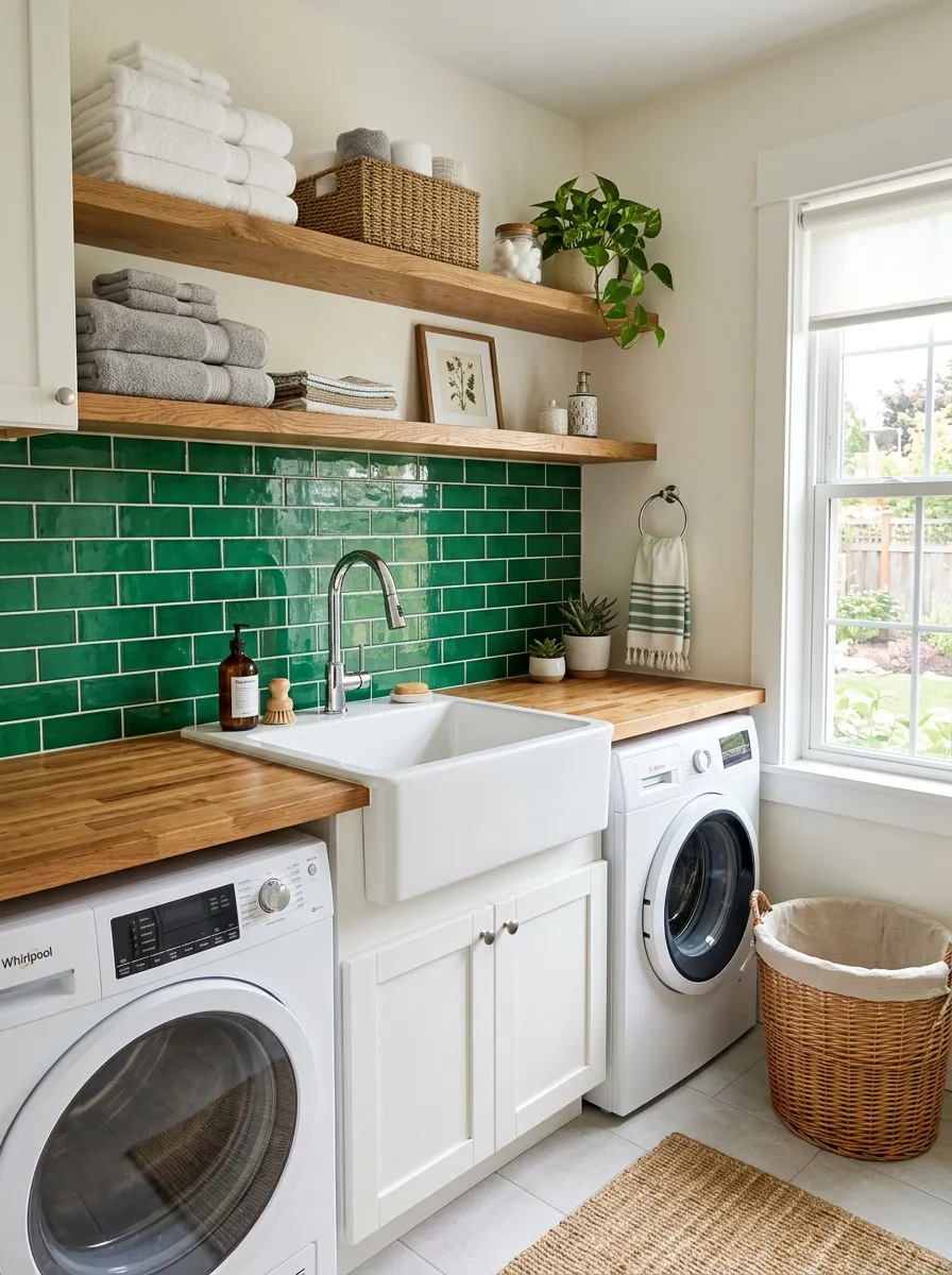 Prompt: A real-life laundry and bathroom combo sink area with a glossy green tile backsplash, open wood shelving above with neatly folded towels, clean and organized, beautifully arranged, bright natural light, vibrant tile color, stock photo realism, no people.