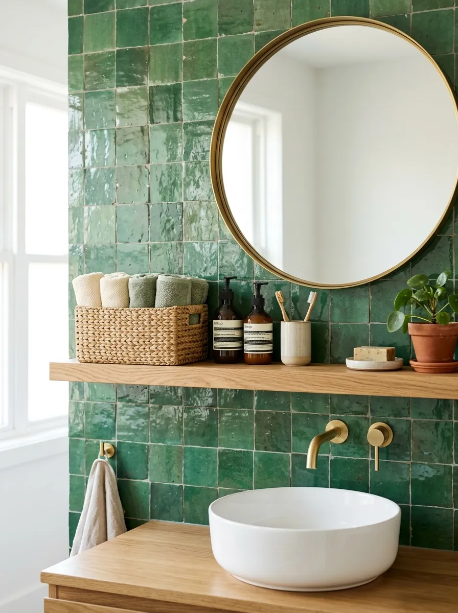 Prompt: A real-life bathroom sink wall covered in handmade green zellige tile with subtle color variation, wood shelf with a woven basket, neatly arranged toiletries, clean and organized, beautifully arranged, bright natural light, vibrant textured tile, stock photography style, no people.