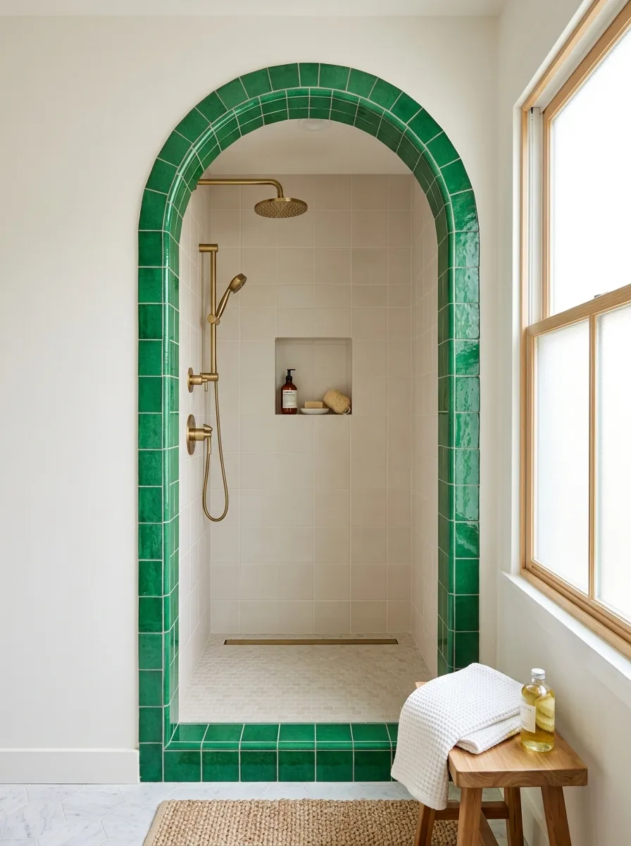 Prompt: A real-life shower with a built-in green tile bench matching the surrounding wall tile, neatly folded washcloth on the bench, clean glass door, clean and organized, beautifully arranged, bright natural light, vibrant green tone, stock photo style, no people.