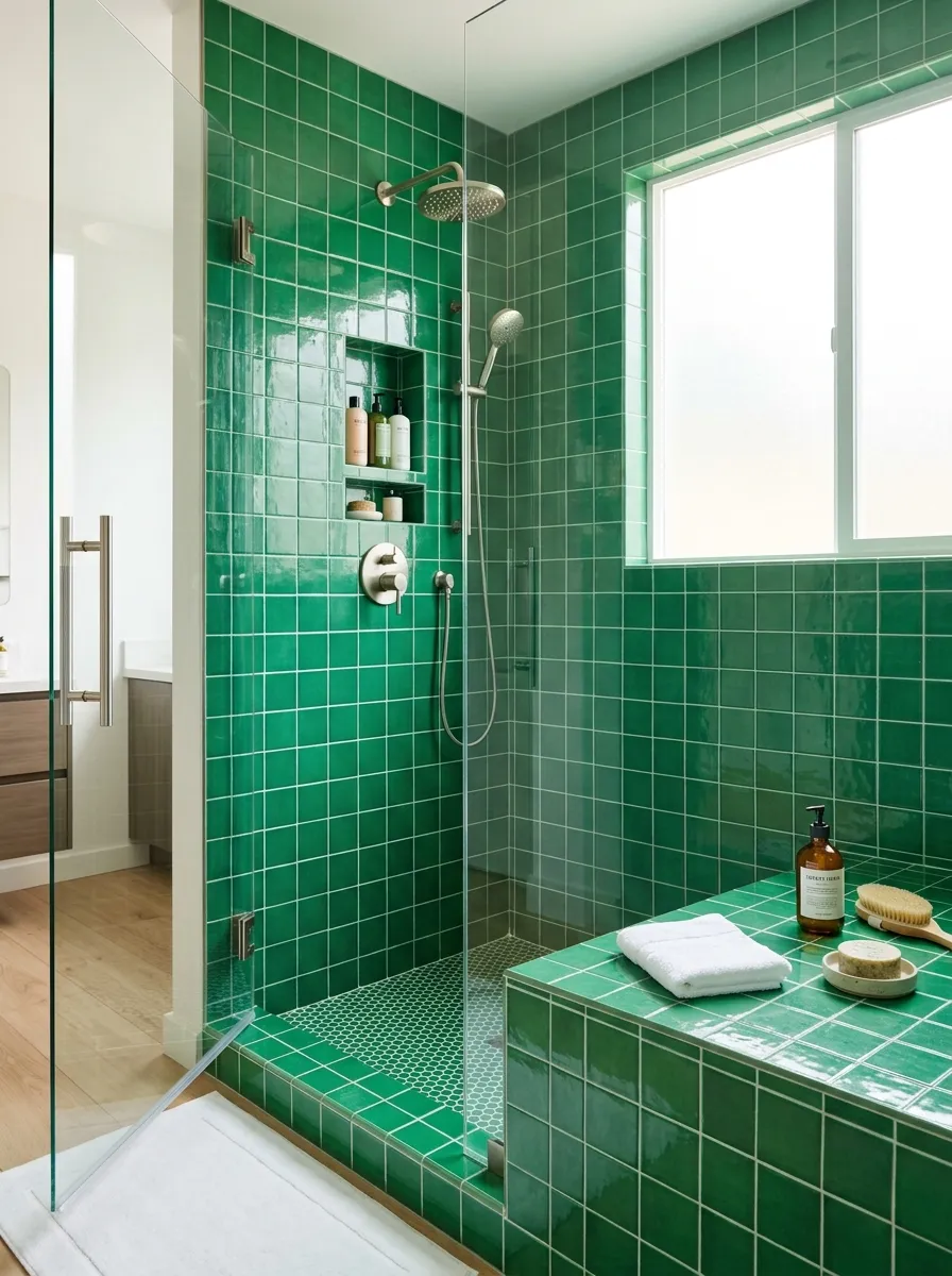 Prompt: A real-life bathroom shower with an arched entry framed in green tile, glass-free open archway, simple neutral walls surrounding it, clean and organized, beautifully arranged, bright natural light, vibrant green arch tile, stock photography style, no people.