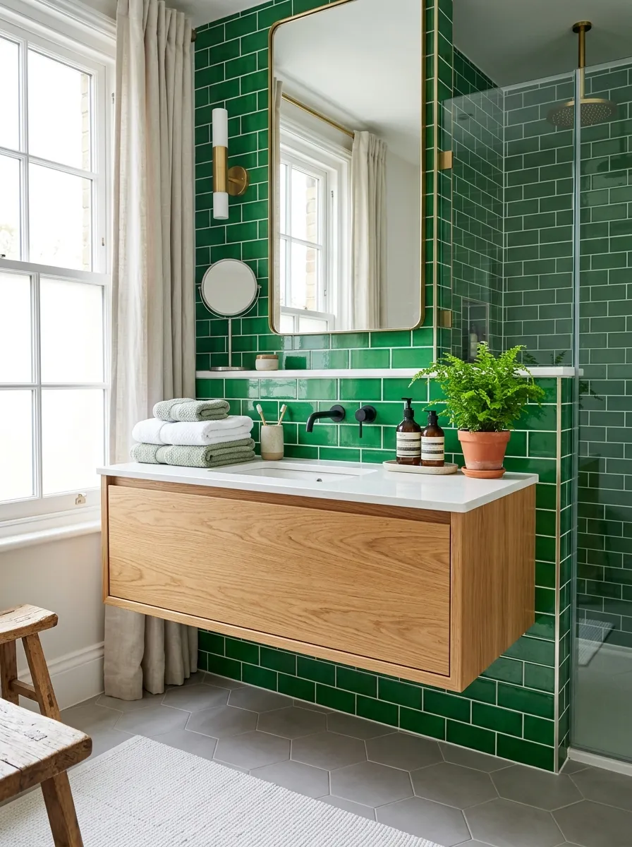 Prompt: A real-life bathroom with a floating wood vanity, green tile kickboard visible underneath against the floor, neatly arranged towels on the counter, clean and organized, beautifully arranged, bright natural light, vibrant green accent, stock photography style, no people.