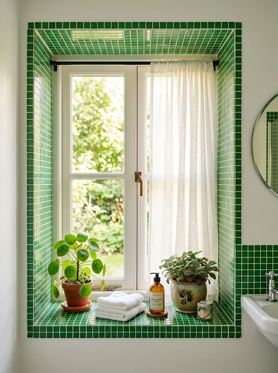 Prompt: A real-life bathroom window with a deep sill and surround lined in small green tile, small potted plant on the ledge, sheer curtain, clean and organized, beautifully arranged, bright natural light streaming through, vibrant green tone, stock photo style, no people.