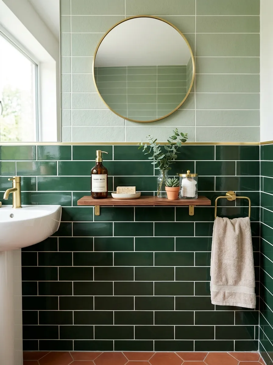 Prompt: A real-life bathroom wall with two-tone green tile, darker green on the lower half and lighter green above, thin brass trim divider strip, clean and organized, beautifully arranged, bright natural light, vibrant color contrast, stock photography style, no people.