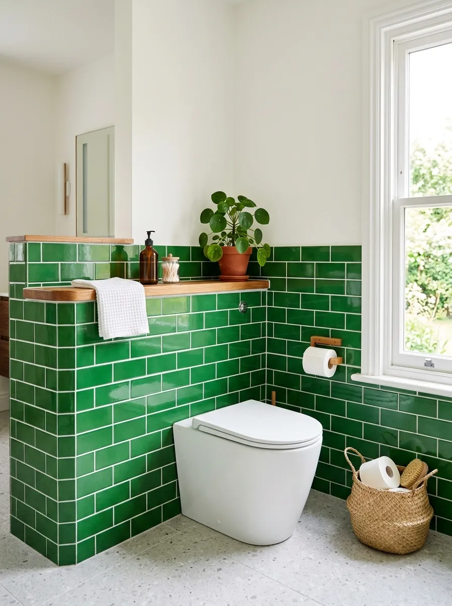 Prompt: A real-life bathroom with a green tiled half-wall creating a toilet nook, wood ledge on top with a small plant, clean and organized, beautifully arranged, bright natural light, vibrant green tone, stock photo realism, no people.