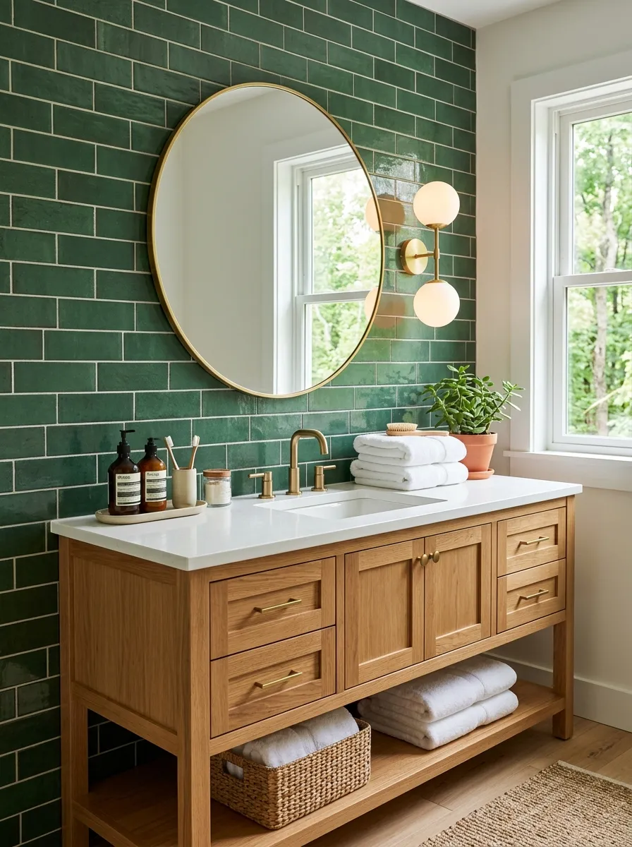Prompt: A real-life bathroom vanity area with a forest green tile accent wall, warm wood vanity cabinet, round mirror, neatly arranged toiletries, folded white towels, beautifully arranged, clean and organized, bright natural light, vibrant color tones, stock photography style, no people.