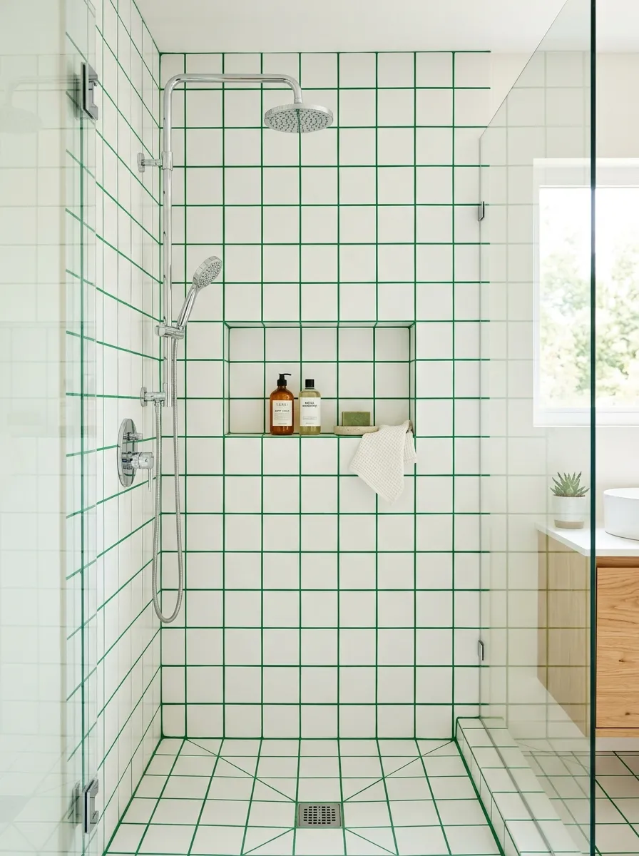 Prompt: A real-life bathroom shower wall with white square tile and bold green grout lines forming a graphic grid, simple white fixtures, clean and organized, beautifully arranged, bright natural light, vibrant grout color, stock photography style, no people.