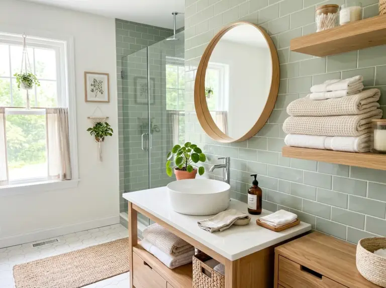 A real-life bathroom fully styled with green tile walls in a soft sage tone, white countertop, wood accents, neatly made with folded towels and a small potted plant, beautifully arranged, clean and organized, bright natural light streaming in, vibrant color palette, photographed in stock photography style, no people, Pinterest-ready aesthetic.