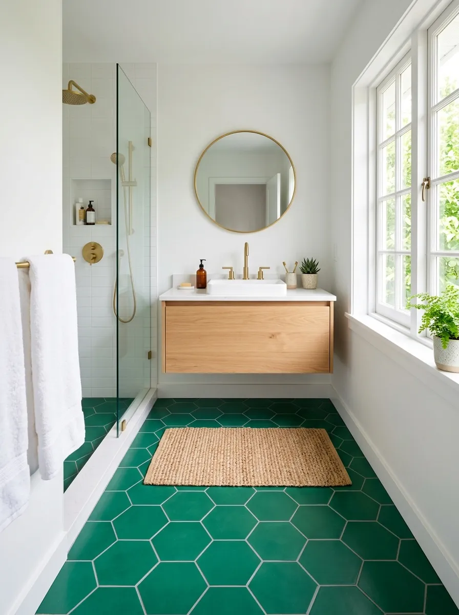 Prompt: A real-life bathroom with an emerald green hexagon tile floor and plain white walls, jute bath mat neatly placed, gold faucet fixtures, clean and organized, beautifully arranged, bright natural light from a window, vibrant floor color, stock photo realism, no people.