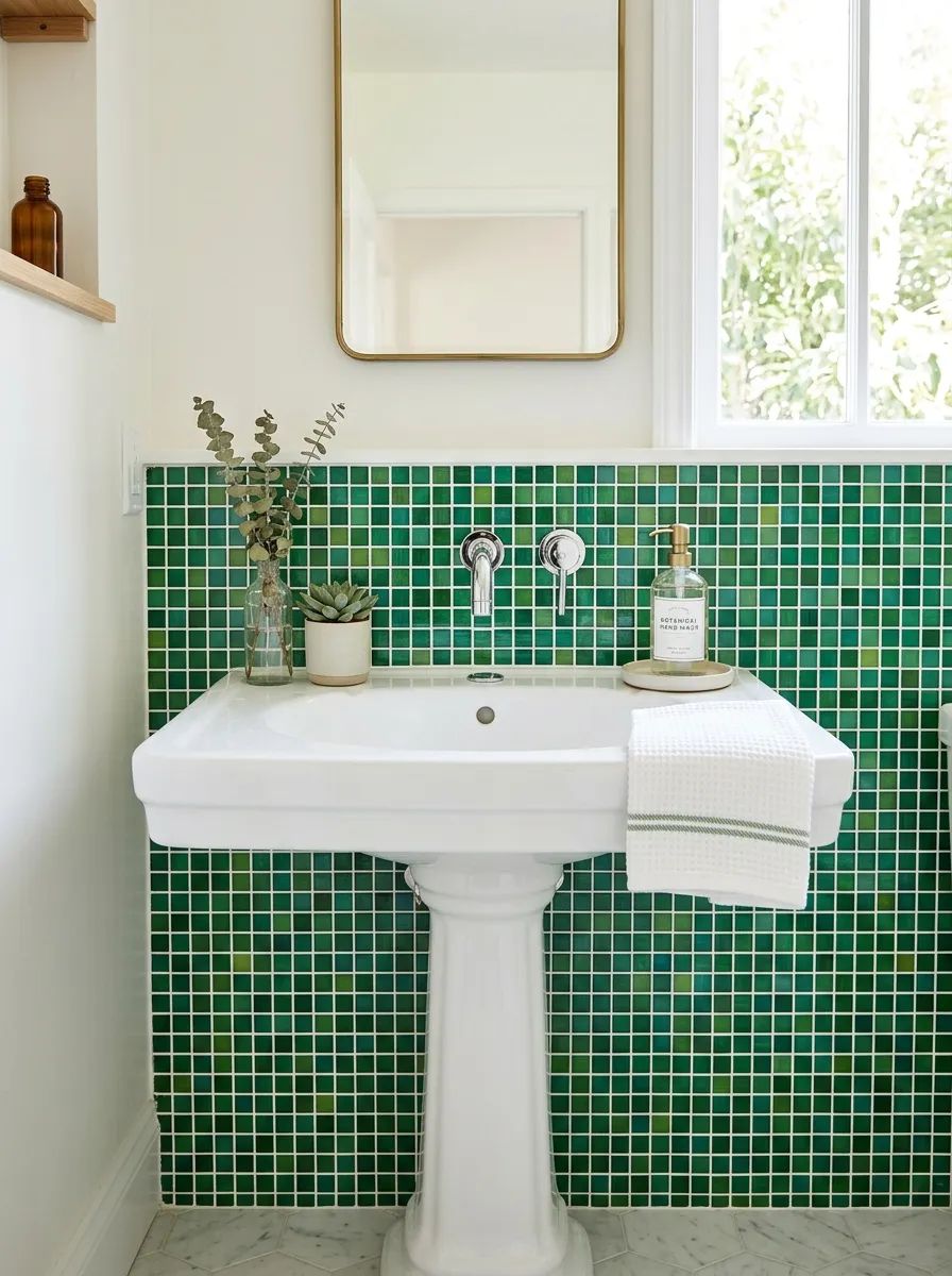Prompt: A real-life bathroom sink with a green mosaic tile backsplash in mixed green shades, white pedestal sink, neatly arranged soap dispenser and hand towel, clean and organized, beautifully arranged, bright natural light, vibrant tile colors, stock photography, no people.