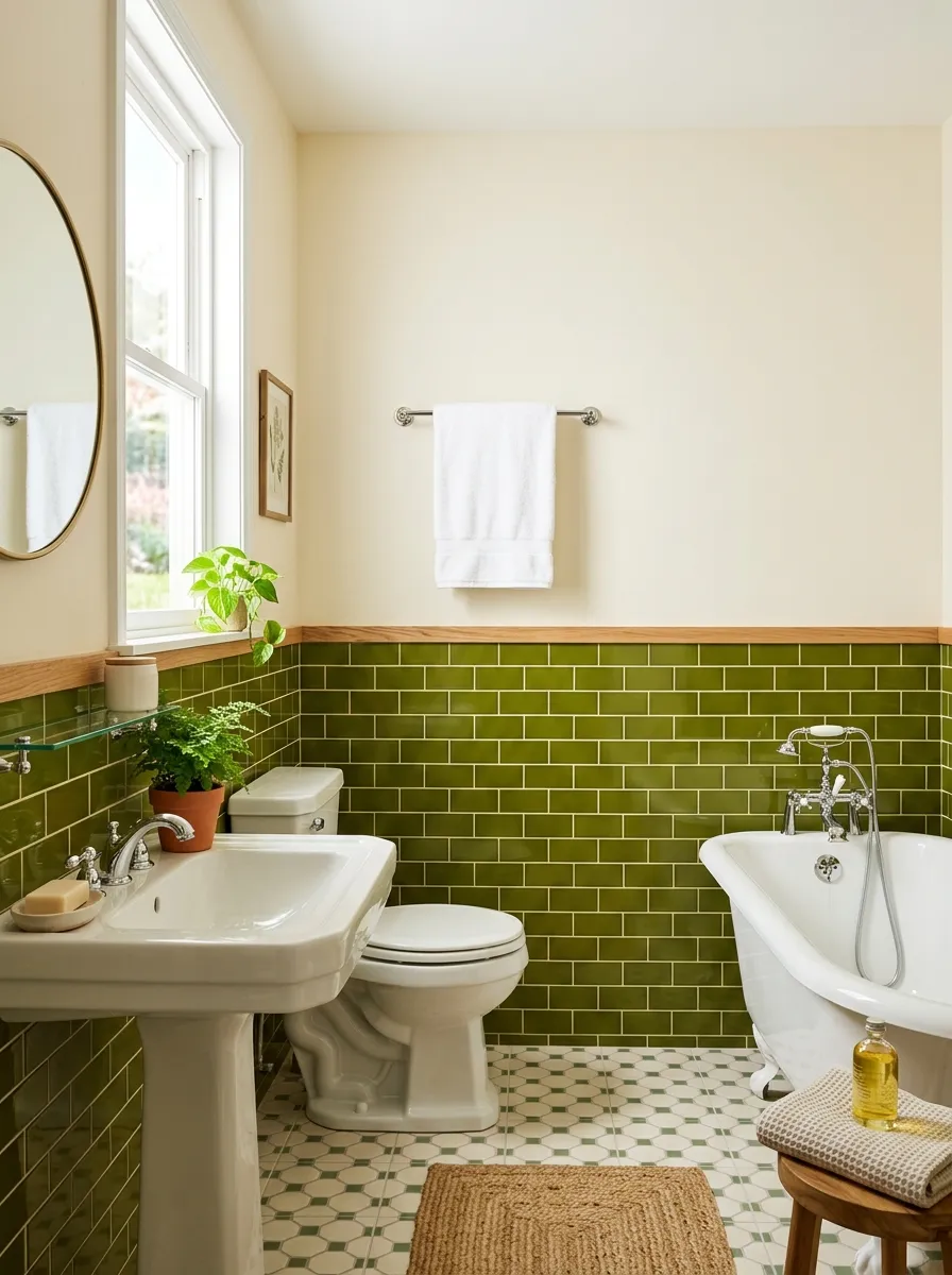 Prompt: A real-life bathroom with olive green tile half-wall wainscoting, wood cap rail edge, soft cream painted upper wall, neatly made with a folded towel on a rack, clean and organized, beautifully arranged, bright natural light, vibrant olive tone, stock photo style, no people.