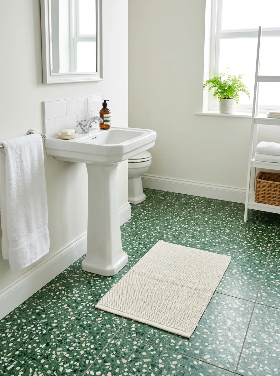 Prompt: A real-life bathroom floor with green terrazzo-look tile featuring white and cream flecks, simple white pedestal sink nearby, clean and organized, neatly arranged bath mat, beautifully arranged, bright natural light, vibrant terrazzo texture, stock photography style, no people.