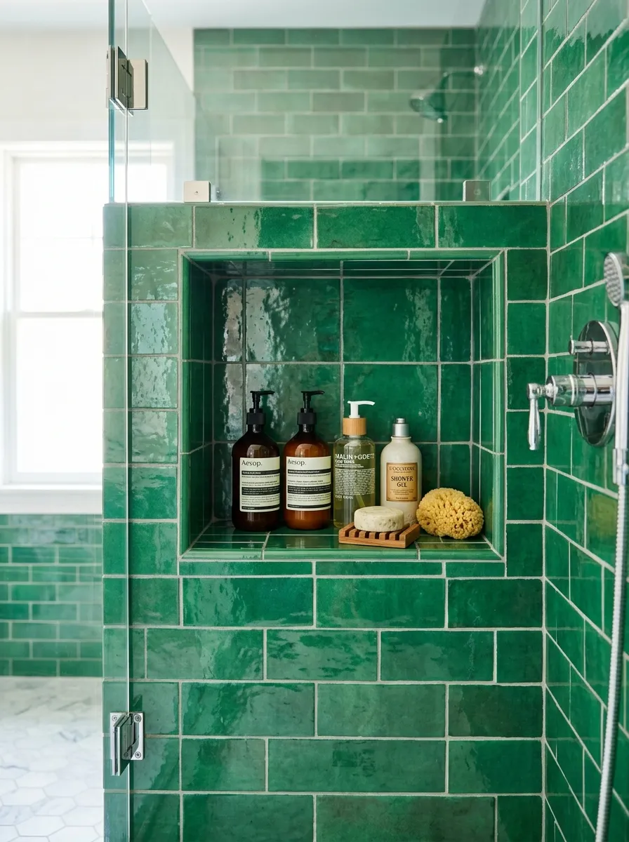 Prompt: A real-life shower niche lined with green tile, neatly arranged shampoo and soap bottles, matching shower tile surround, clean and organized, beautifully arranged, bright natural light, vibrant green tone, photographed like a stock photo, no people.