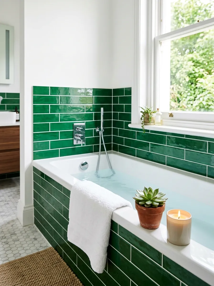Prompt: A real-life bathroom with a bathtub surrounded by glossy green tile, neatly folded towel on the tub edge, small candle or plant nearby, clean and organized, beautifully arranged, bright natural light, vibrant green tone, stock photography style, no people.