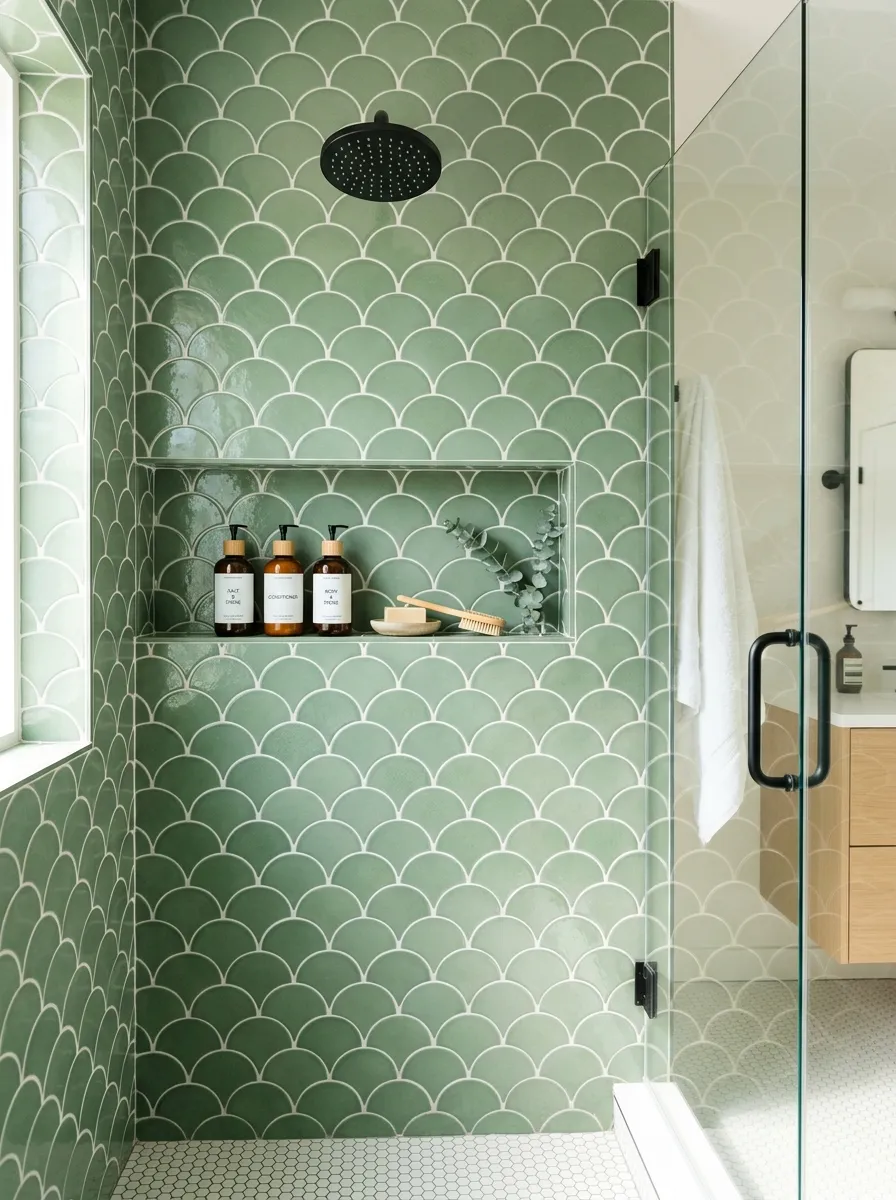 Prompt: A real-life shower wall covered in fish-scale scallop-shaped green tile, soft sage tone, clean glass shower door, neatly arranged toiletries on a shelf, beautifully arranged, bright natural light, vibrant tile texture, stock photo realism, no people.