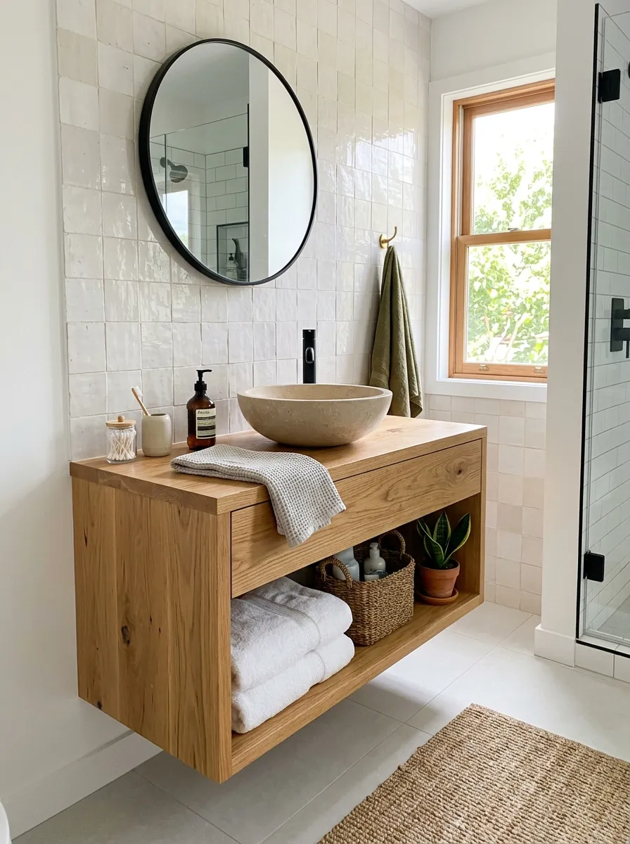 Real-life photograph of a small bathroom with a floating light oak wood vanity and a round matte stone countertop sink, neatly made and beautifully arranged, organized open shelving beneath, bright natural light streaming through a nearby window, clean minimalist tile flooring, warm vibrant wood tones, shot on a DSLR camera, Pinterest-style home interior photography, no people.
