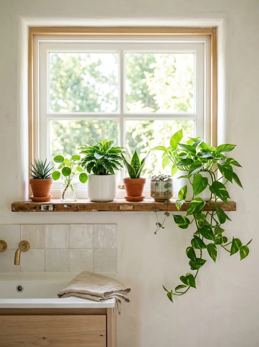 Real-life photograph of a narrow wooden window shelf lined with small potted plants and a trailing pothos, neatly arranged and beautifully organized greenery, clean minimalist bathroom backdrop, bright natural light pouring through the window, vibrant green tones against soft neutral walls, Japandi bathroom interior, Pinterest-style stock photography, no people.