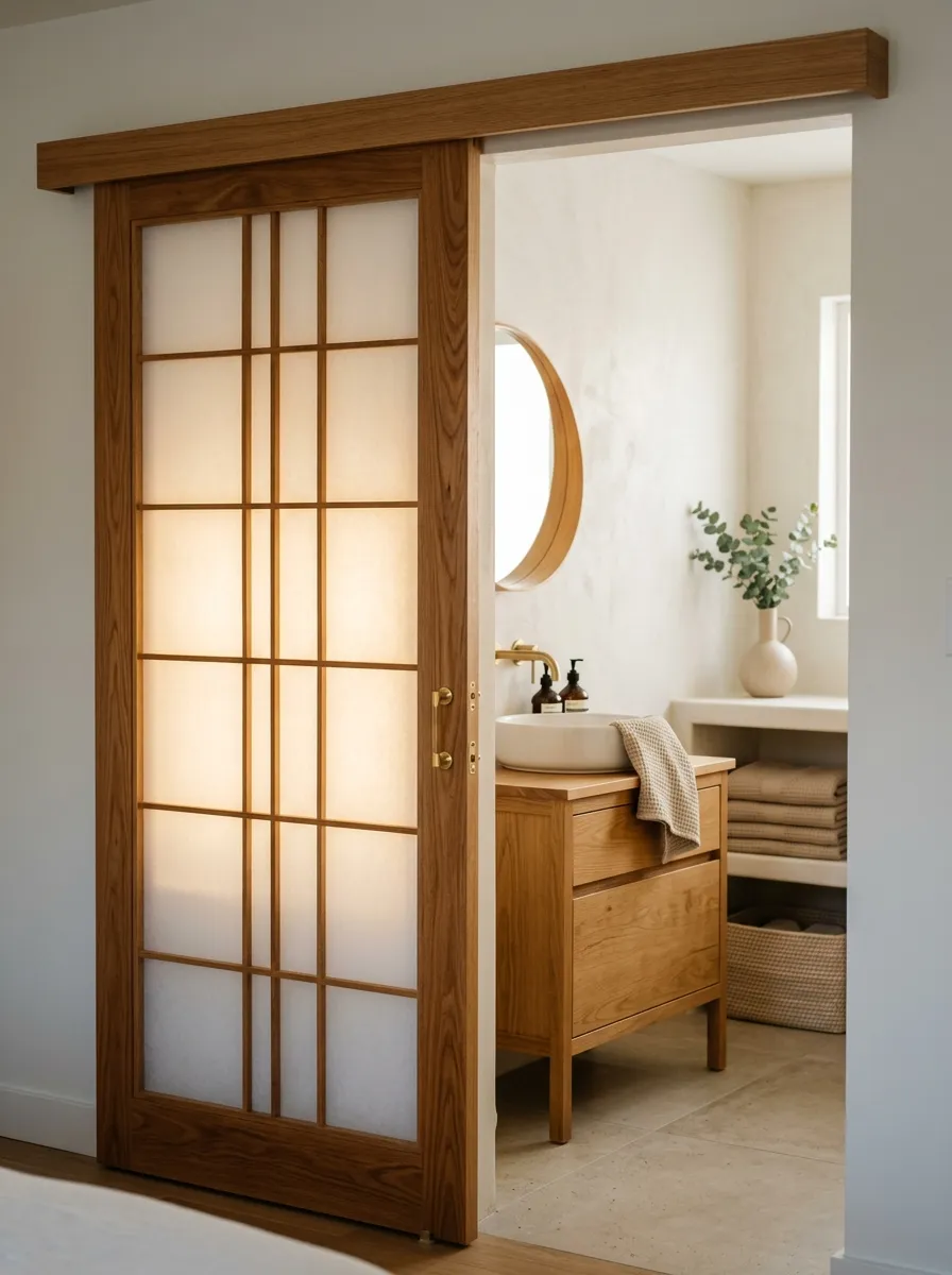 Real-life photograph of a sliding shoji-inspired bathroom door with wooden frame and frosted glass panels, neatly arranged bathroom interior visible through soft glow, clean and organized composition, bright natural light diffusing through the panels, warm vibrant wood tones, minimalist Japandi bathroom, Pinterest-style stock photography, no people.