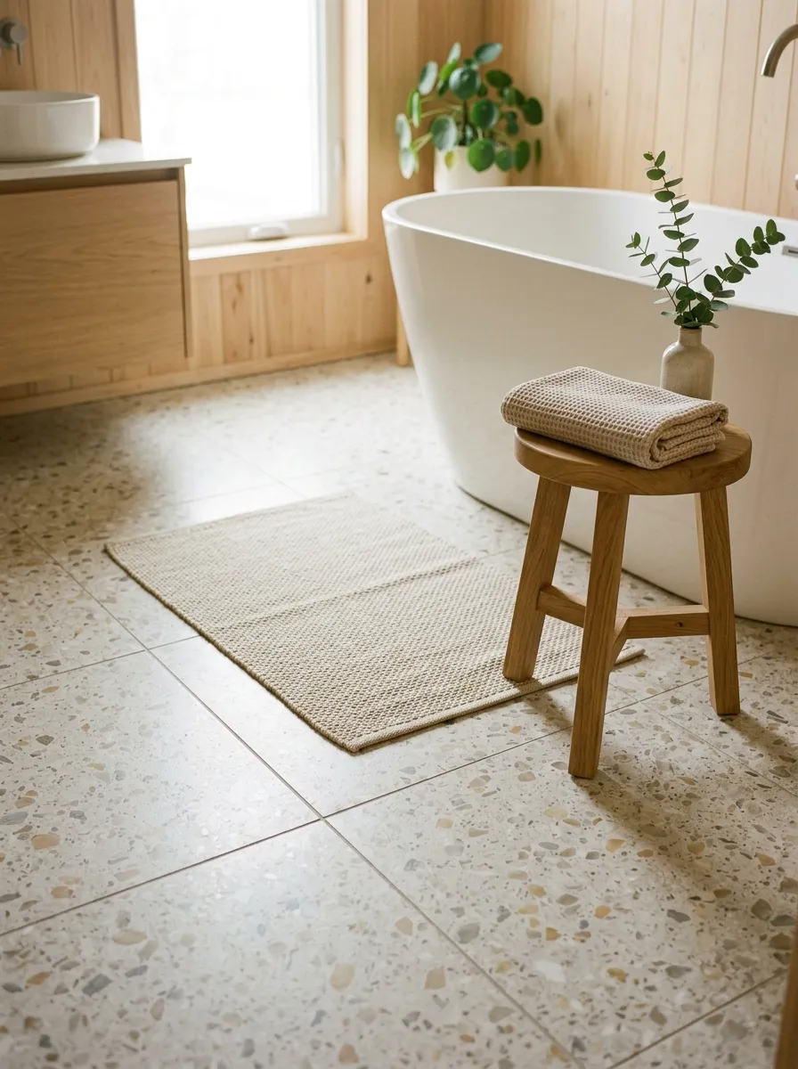Real-life photograph of a bathroom floor with soft beige and gray terrazzo tiles, neatly arranged minimalist bath mat and small stool nearby, clean and organized composition, bright natural light highlighting the stone flecks, warm vibrant natural tones, Japandi bathroom interior, Pinterest-style stock photography, no people, low angle shot.