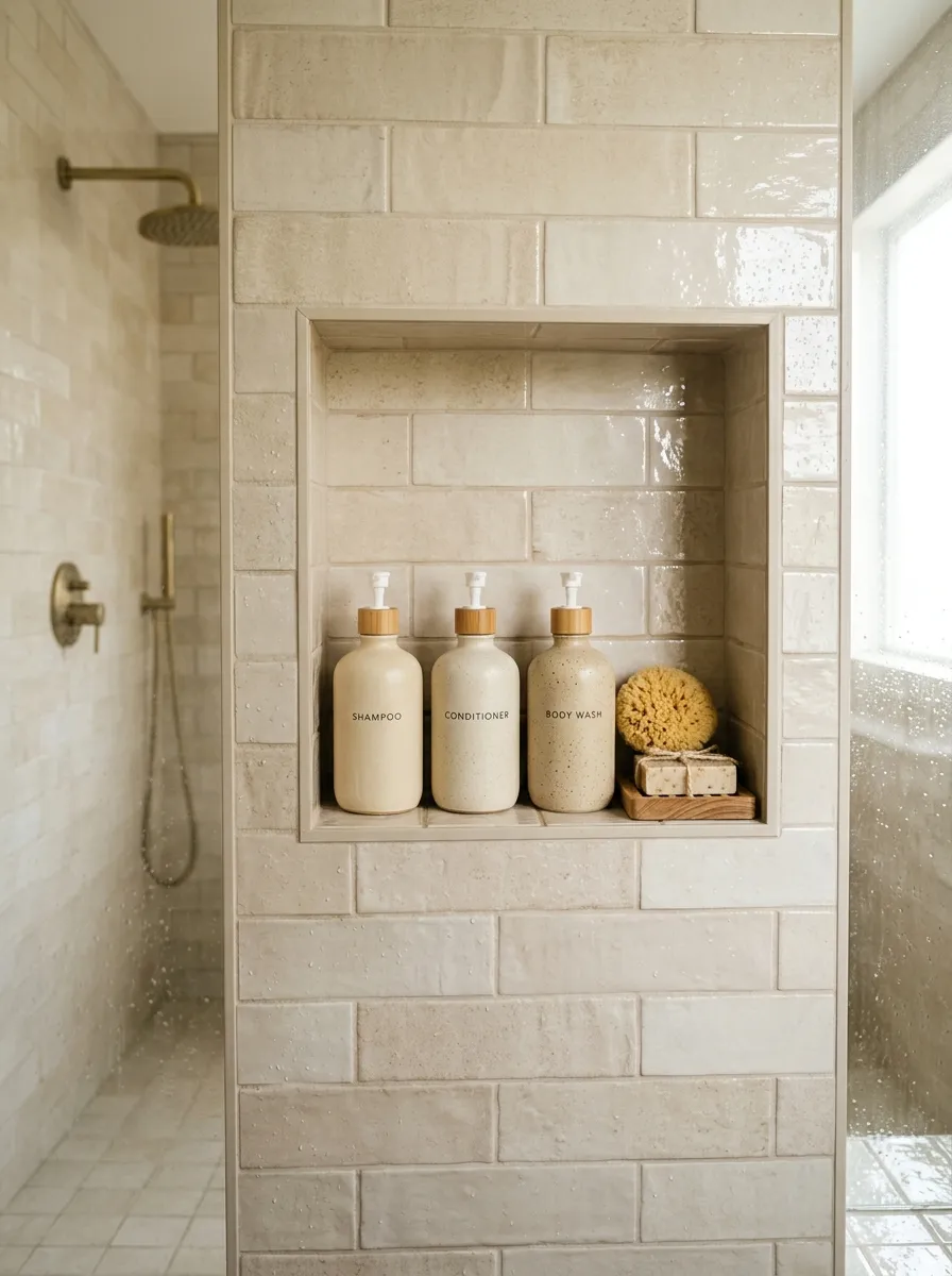 Real-life photograph of a recessed shower niche built into a tiled wall, neatly arranged ceramic soap bottles and a small sponge, beautifully organized and clean minimalist styling, bright natural light reflecting off wet tile, warm vibrant neutral tones, Japandi bathroom interior, Pinterest-style stock photography, no people.