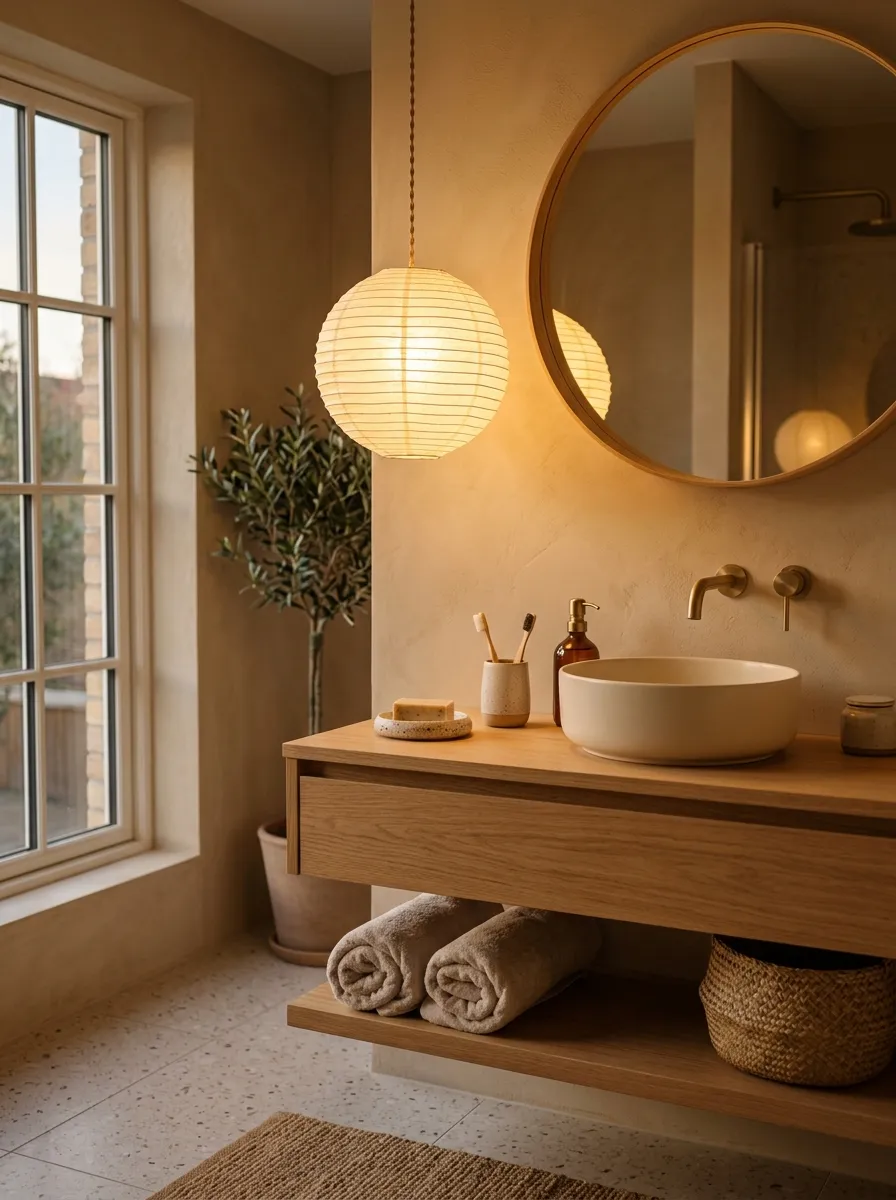 Real-life photograph of a round paper pendant light hanging low over a bathroom vanity, neatly arranged ceramic accessories beneath its warm glow, beautifully organized and clean composition, bright natural light blending with soft evening lamp light, warm vibrant golden tones, cozy Japandi bathroom interior, Pinterest-style stock photography, no people.