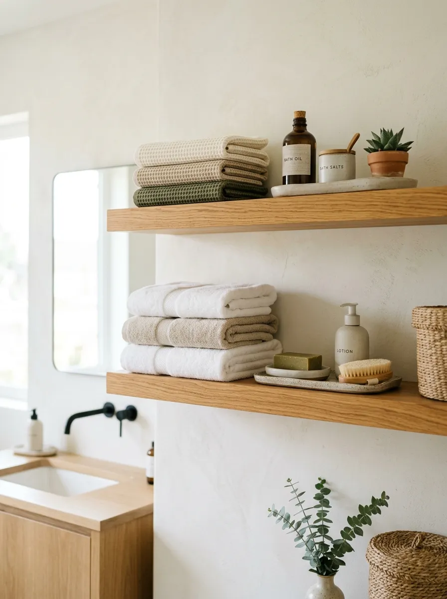 Real-life photograph of open floating wood shelves in a bathroom with neatly folded towels and small ceramic trays, beautifully arranged and organized display, clean minimalist styling, bright natural light casting soft shadows, warm vibrant wood tones, Japandi bathroom interior, Pinterest-style stock photography, no people.