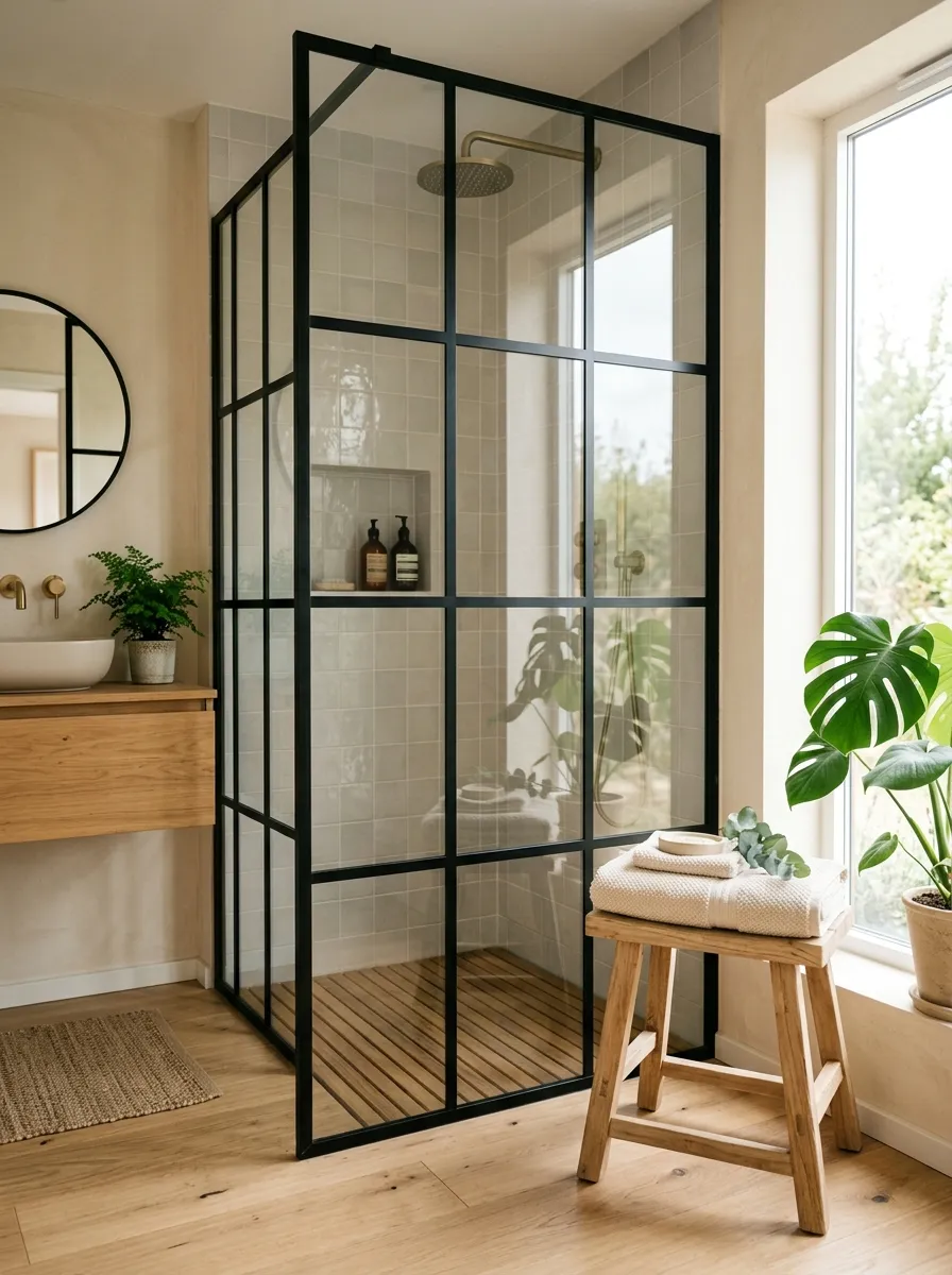 Real-life photograph of a black grid-frame glass shower divider in a minimalist bathroom, neatly arranged bath towel folded on a nearby wood stool, clean and organized composition, bright natural light streaming through the glass, warm vibrant tones against pale walls, Japandi bathroom interior, Pinterest-style stock photography, no people.