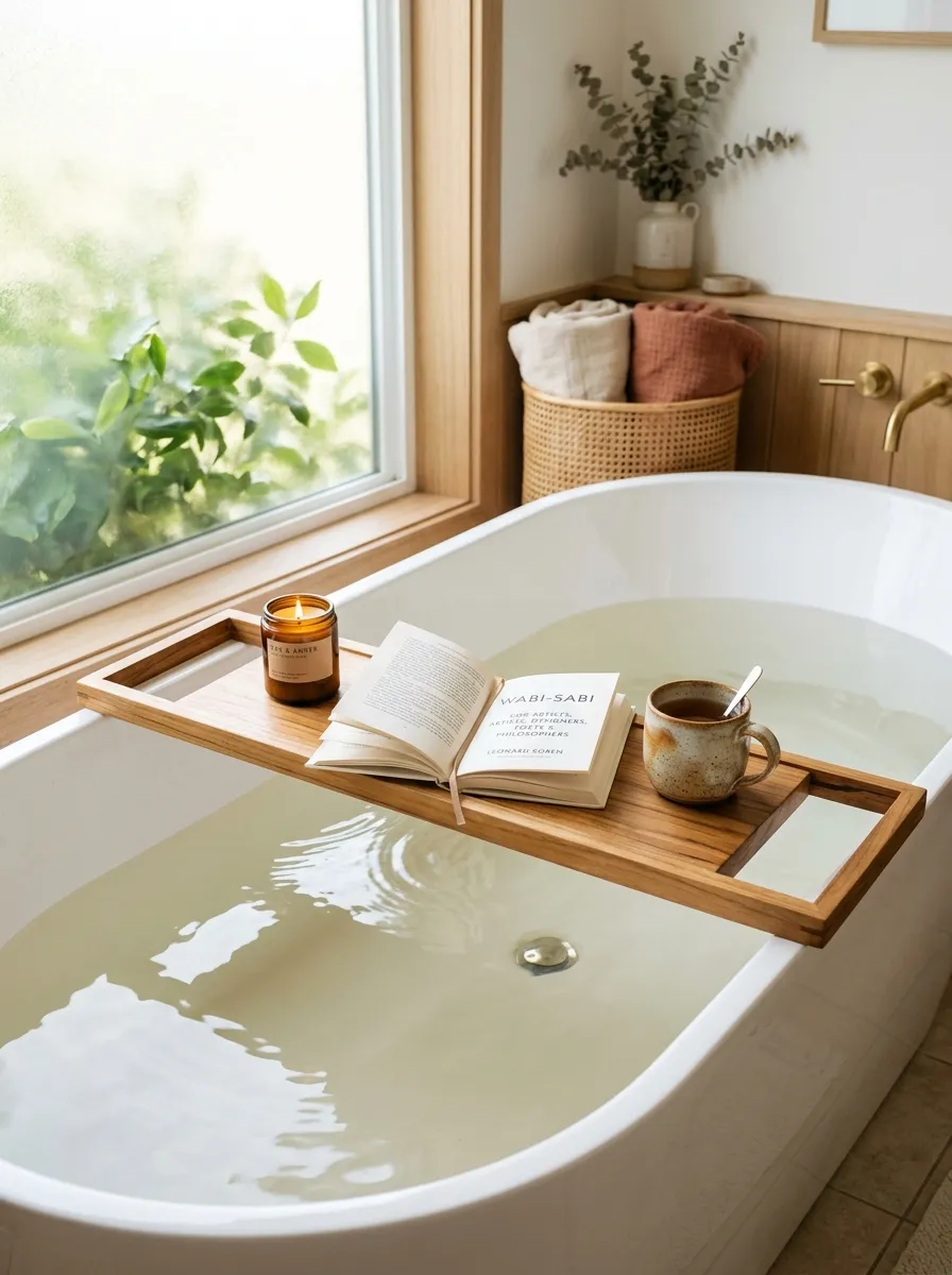 Real-life photograph of a wooden bath caddy tray resting across a soaking tub, neatly arranged with a small candle, a book, and a ceramic cup, beautifully organized and clean composition, bright natural light reflecting on the water, warm vibrant wood tones, cozy Japandi bathroom interior, Pinterest-style stock photography, no people.