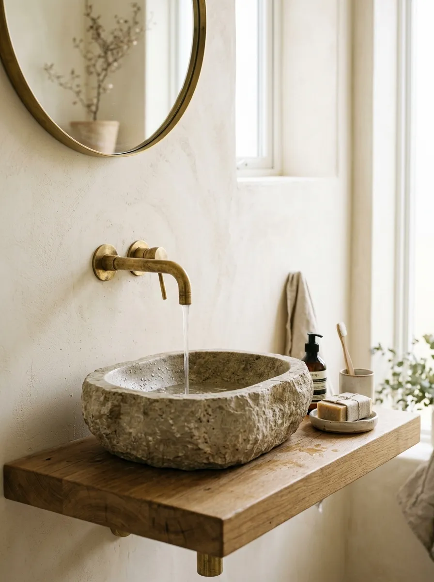 Real-life photograph of a wall-mounted brass faucet above a rough-textured stone basin, neatly arranged small soap dish beside it, beautifully organized and clean minimalist styling, bright natural light highlighting the brass finish, warm vibrant metallic and stone tones, Japandi bathroom interior, Pinterest-style stock photography, no people.