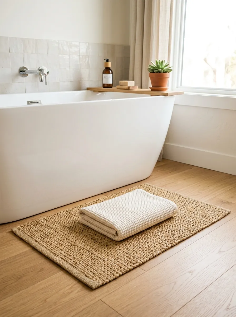 Real-life photograph of a woven tatami-style bath mat placed beside a bathtub, neatly arranged with a folded towel resting on top, beautifully organized and clean composition, bright natural light highlighting the woven texture, warm vibrant natural tones, minimalist Japandi bathroom interior, Pinterest-style stock photography, no people.