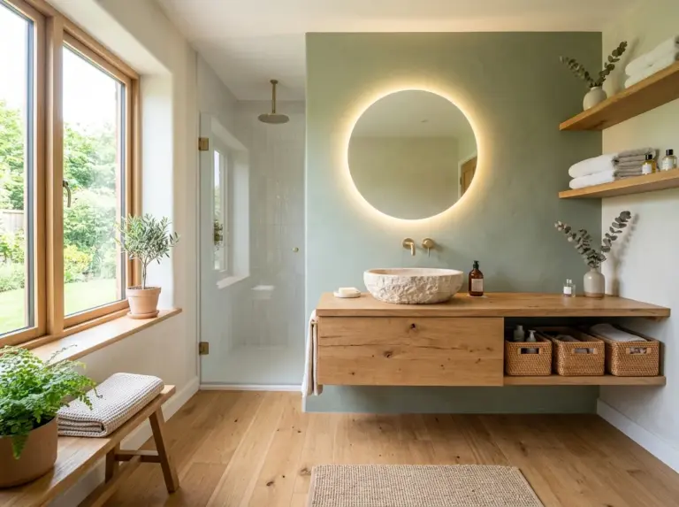 Real-life photograph of a complete Japandi bathroom with floating wood vanity, stone sink, round mirror with warm LED backlighting, sage green accent wall, and neatly arranged woven baskets, beautifully organized and clean overall composition, bright natural light flooding through a window, warm vibrant natural tones, minimalist spa-like atmosphere, Pinterest-style stock photography, no people, wide angle shot.
