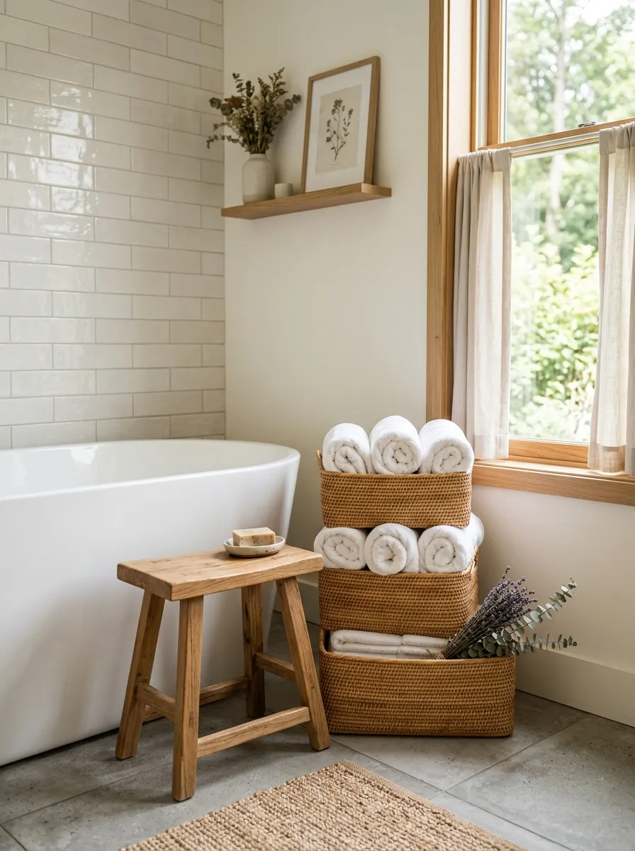 Real-life photograph of a low natural wood stool beside a bathtub, neatly arranged woven rattan baskets stacked nearby holding rolled white towels, beautifully organized and clean bathroom corner, bright natural light from a side window, warm vibrant textures of wood and rattan, cozy minimalist Japandi interior, Pinterest-style stock photography, no people.