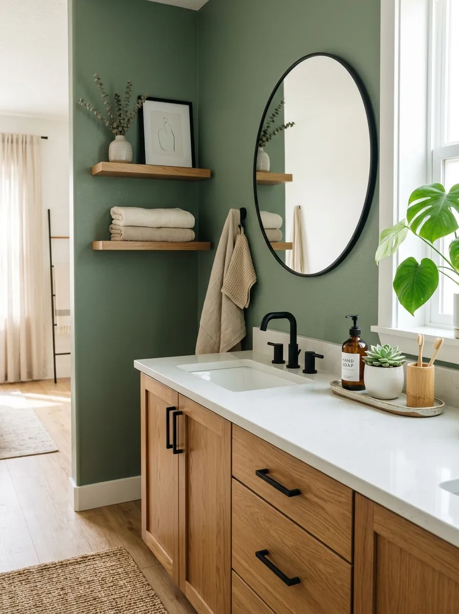 Real-life photograph of a bathroom with a sage green accent wall, matte black faucet and cabinet handles, neatly made vanity styling with a small ceramic tray, organized and clean composition, bright natural light casting soft shadows, vibrant green tones against warm wood cabinetry, Japandi bathroom interior, Pinterest-style stock photography, no people.