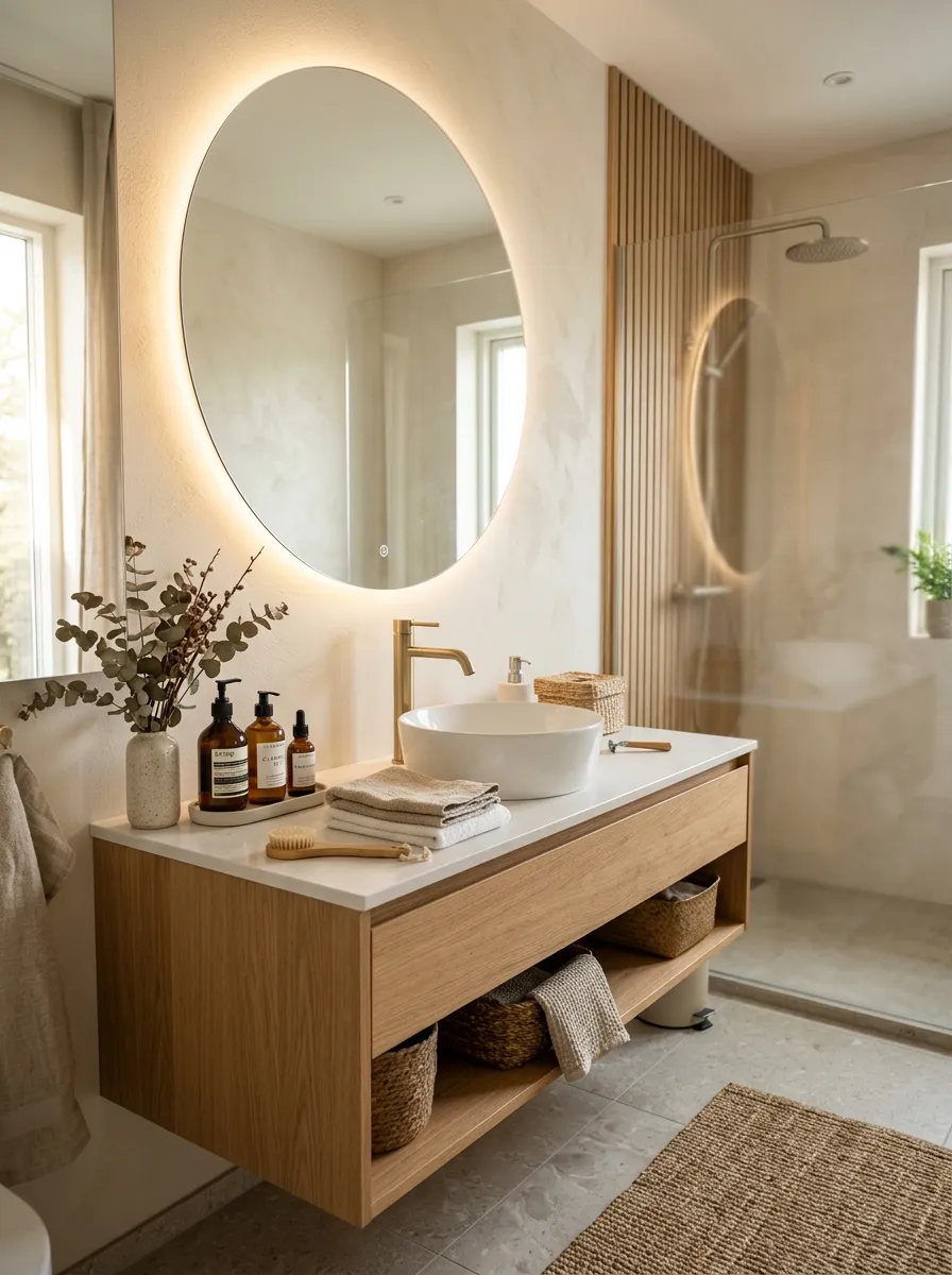 Real-life photograph of a round mirror with warm LED backlighting above a bathroom sink, neatly arranged skincare items on the counter, beautifully organized and clean minimalist styling, bright natural light mixed with warm ambient glow, soft vibrant wood tones, cozy Japandi bathroom interior, Pinterest-style stock photography, no people.