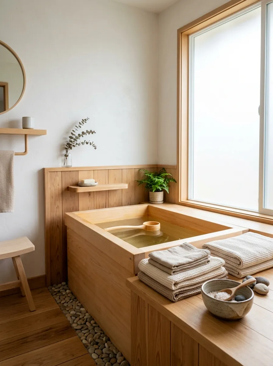 Real-life photograph of a deep upright soaking tub with a wooden surround in a small bathroom, neatly arranged folded towels and a small ceramic bowl nearby, beautifully organized and clean composition, bright natural light through a frosted window, warm vibrant wood tones against pale walls, Japandi bathroom interior, Pinterest-style stock photography, no people.